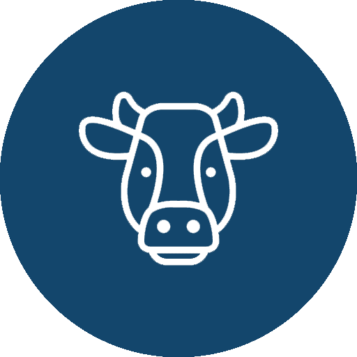 Simple white line drawing of a cow's head, front-facing, on a dark blue circular background, representing Crop and Livestock Insurance in Southeast Missouri.
