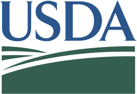 USDA logo with large blue letters above a green stylized field and horizon graphic.