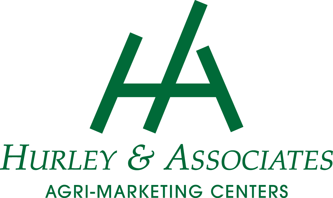 Logo for Hurley & Associates Agri-Marketing Centers, featuring large stylized overlapping green letters "H" and "A" above the company's name in green capital letters.
